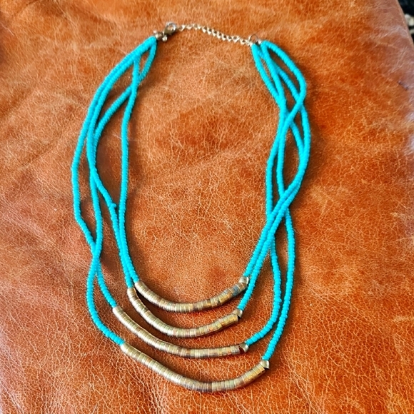 Turquoise Brass Multi-string Beaded Necklace tribal - Picture 1 of 9